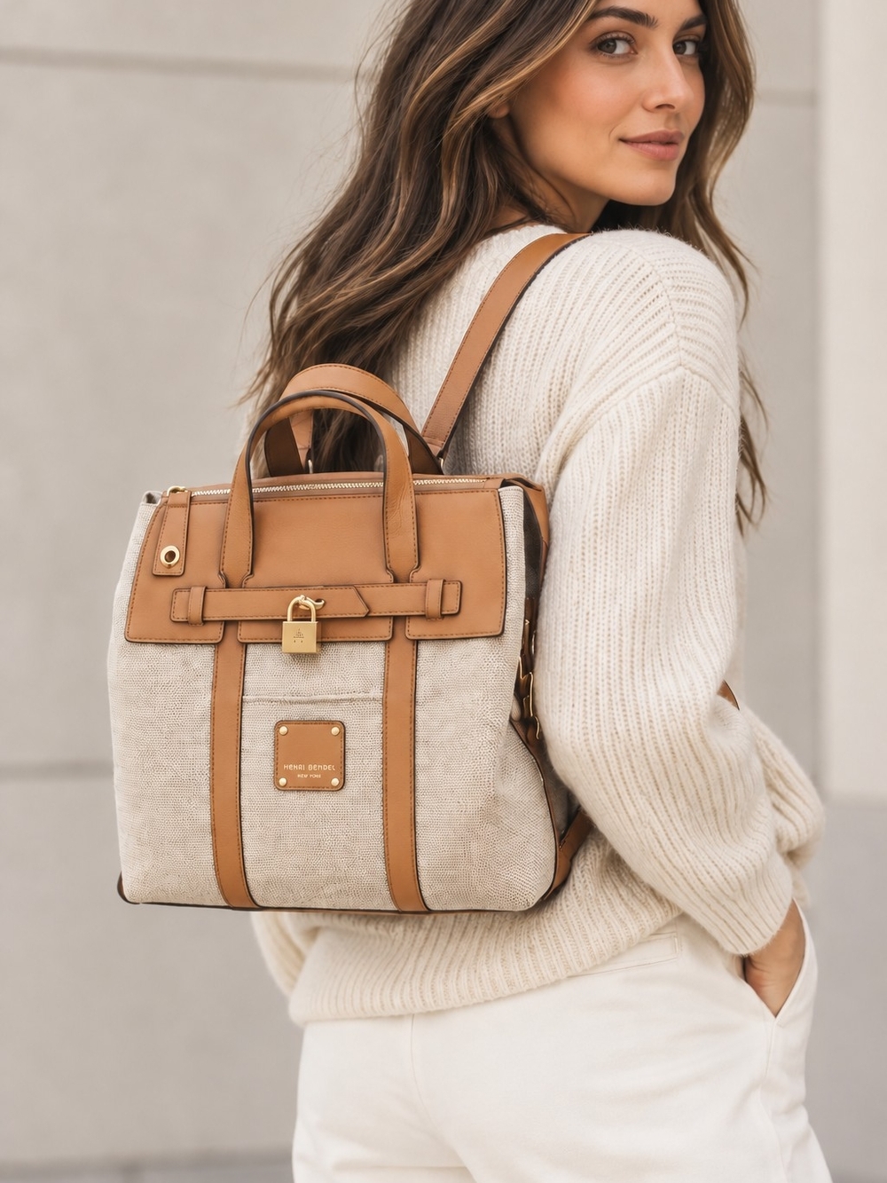HENRI BENDEL New York Woven Canvas Saffiano Leather Trim Convertible Handbag Bag